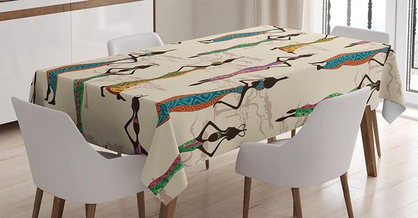 Tischdecke, einzigartige afrikanische Tischdecke, Vintage-Damen in lokaler traditioneller Kleidung mit Krügen auf den Köpfen, Kunstwerk Beige