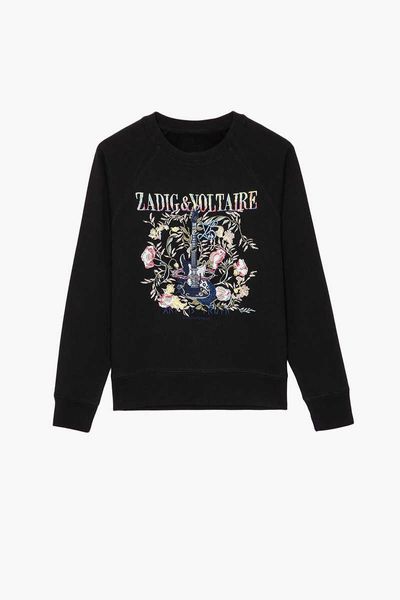 Zadig Voltaire Designer-Sweatshirt aus reiner Baumwolle, Gold-Silber-Linie, Buchstabe, Gitarre, Blumenstickerei, Rundhals-Fleece-Damenpullover, klassische Modeoberteile in Übergröße