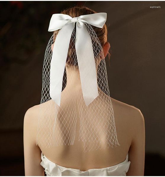 Brautschleier Elegante kurze Hochzeit mit Netz-Satin-Schleife, handgefertigter Schulterschleier für Frauen, Dusche, weiße Braut