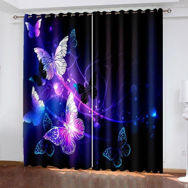 Vorhang 3D Schwarz Blumen Lila Rose Schmetterling Blume Zwei drapierte dünne Fenstervorhänge für Wohnzimmer Schlafzimmer Dekor 2 Stück