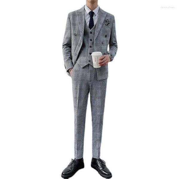 Erkek Suit 2023 Jacket Yelek Pantolon Yakışıklı Houndstooth Çift Bravated Takım Üç Parçalı İş Gündelik