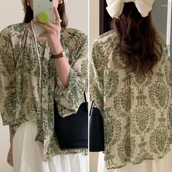 Camicette da donna Camicia da donna Top con scollo a V Manica a lanterna Allentato Casual Vintage Retro Verde Pittura a olio Lady Boho Stampa floreale Chiffon