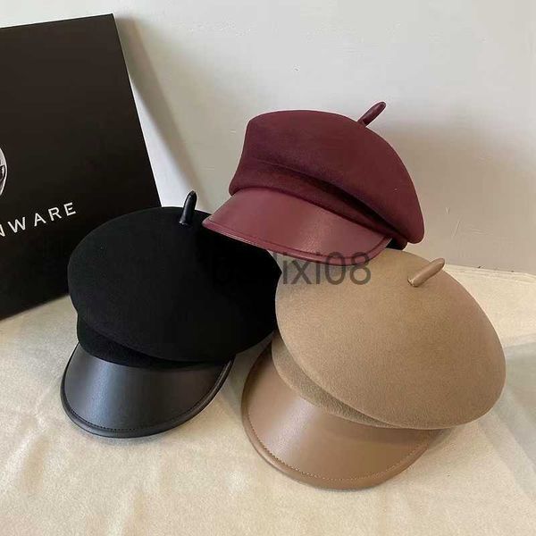 Stingy Brim Hats 2022Neue japanische und koreanische australische Wolle Cloche Hut unregelmäßige Zeitungsjunge Mütze Lady Chic Berets Frauen PU Peak Filz Fedora Hüte J230802