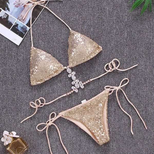 Yeni Seksi Kadınlar Glitter Pulinler Kristal Mayo Bikinis Seti Altın Yeşil Mavi Monokini Push-Up Yolcu Mayo Kıyafet Brezilya Mysui236b