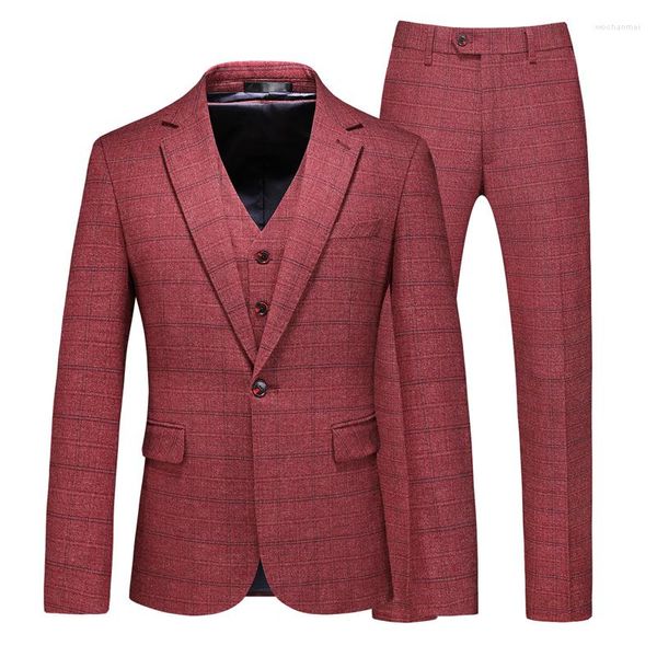 Erkekler Erkekler Sonbahar Marka Moda Izgara Kırmızı Yüksek Kaliteli Butik Damat Slimp Slim 3 PCS Set Düğün Elbise Prom