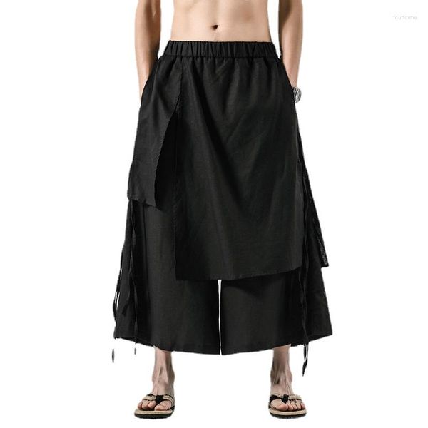 Herrenhose, Schwarz, lässig, Jogging, elastische Taille, lockere unregelmäßige Culottes, Streetwear, originelles breites Bein