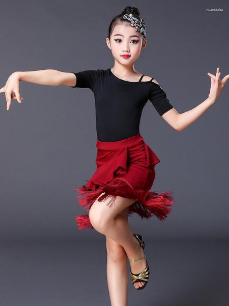 Stage Wear Tinta unita Waltz Dance Suit Modern Girl Latin Kids Competition Pagliaccetti Gonna Festival irregolare Costume da pancia