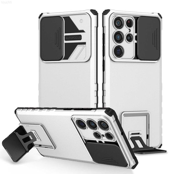 Capas de telefone celular Luxury Slide Camera Protection Armor Case para Samsung Galaxy S22 Ultra S21 Note 20 S20 FE A53 A33 A52 A32 3D Stand Back Cover L230731