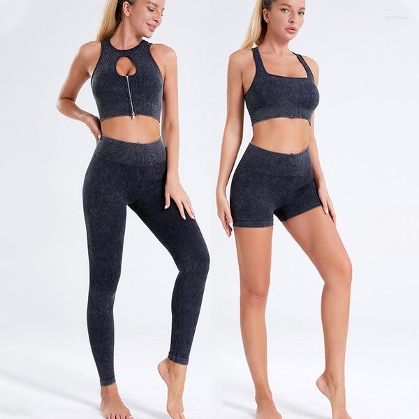 Set attivi Reggiseno sportivo da donna Abbigliamento da yoga senza cuciture Cerniera push-up Doppi cinturini Canotta Traspirante Pantaloni a vita alta Pantaloni da palestra Set