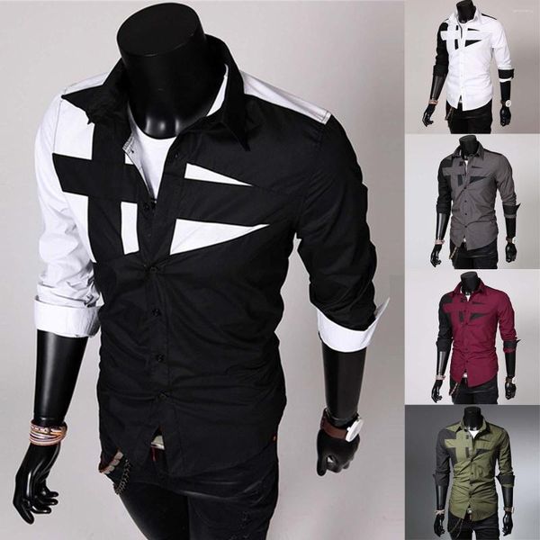 Camisetas masculinas túnica de manga comprida camiseta moda masculina patchwork lapela personalizada botão para cima body grande alto