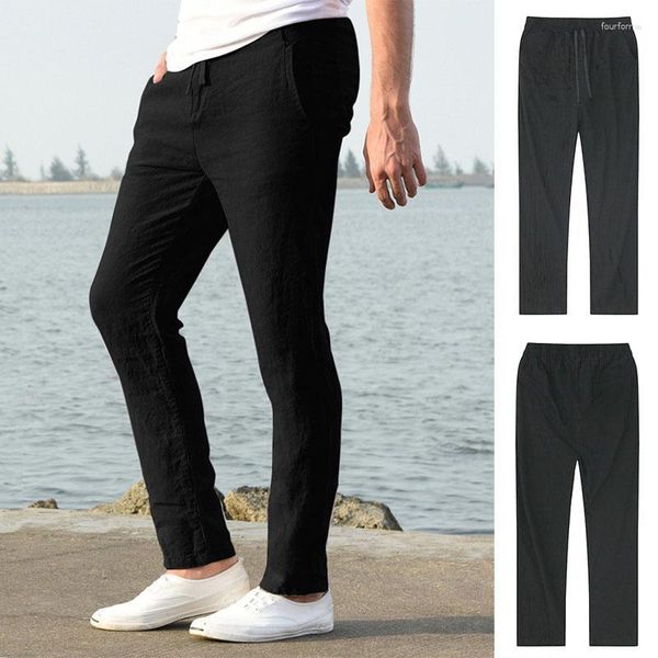 Pantaloni da uomo in cotone e lino tinta unita casual con coulisse allentata pantaloni da spiaggia traspiranti per fitness S-3Xl