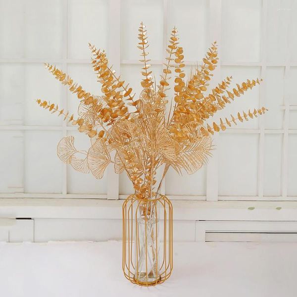 Flores decorativas ouro artificial eucalipto ginkgo folhas de azevinho plantas flor decoração de casamento para decoração de casa faça você mesmo natal