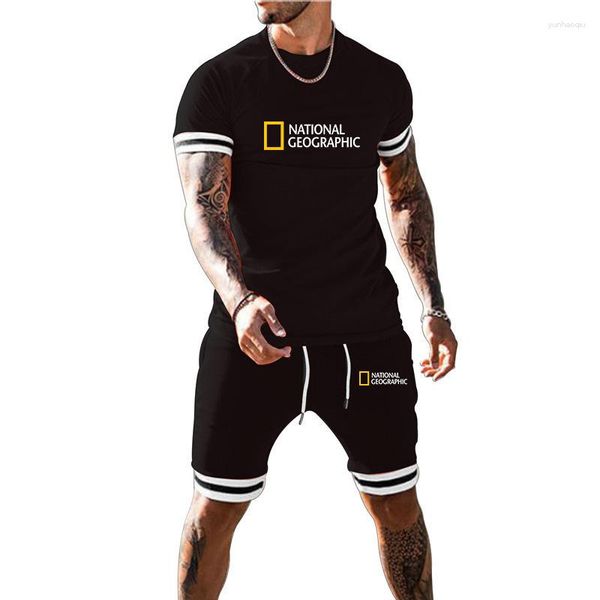 Fatos de treino masculinos de verão Fatos de treino com estampa de mapa nacional Shorts 2 conjuntos de PC Conjunto de corrida fitness Roupas esportivas casuais