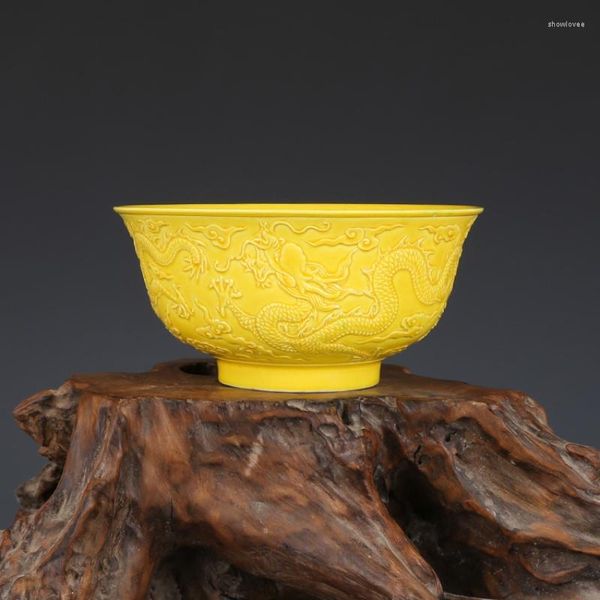 Ciotole Ming Hongzhi Delicato Smalto Giallo Scultura Ciotola del Drago Antico Collezione di Porcellane Jingdezhen Ornamenti