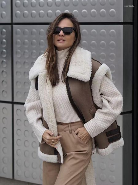 Coletes femininos SLTNX 2023 colete de inverno casacos de pele feminino chique sem mangas quente pesado colete casaco feminino casual jaquetas agasalhos