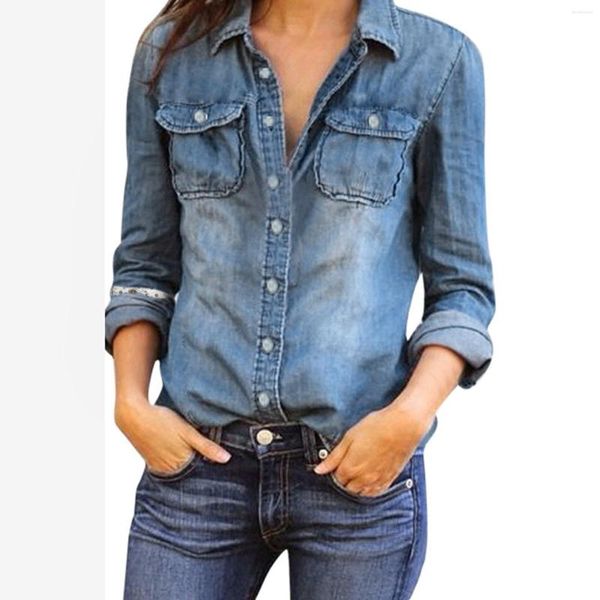 Женские блузки модная женщина повседневная джинсовая джинсовая джинсовая ткань с длинным рукавом топы рубашки для блузки Женщины мягкие