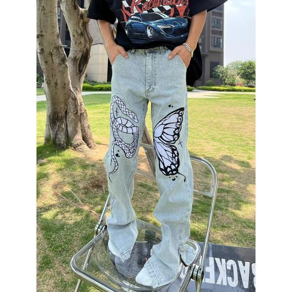 Mens Jeans Y2K Roupas High Street Wash Slit Zip Jeans Mens e Mulheres Personalidade Nicho Snake com Borboleta Calças Bordadas Pesadas 230801