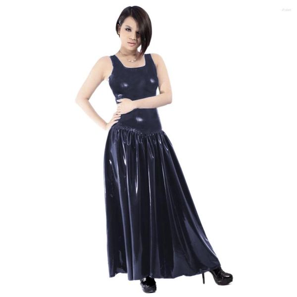 Lässige Kleider Damen Tank Elegantes figurbetontes Maxikleid PVC Kunstleder ärmellos Slim Flare Party Vintage Sommerkleid Lange Clubwear S-7XL