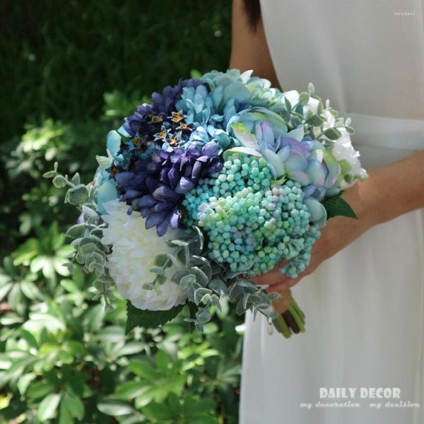 Dekorative Blumen 2023! 24 cm Vintage Künstliche Rose Hochzeit Brautstrauß Braut mit blauen Brautsträußen