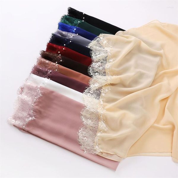 Schals Plain Spitze Blumen Perlen Patchwork Blase Chiffon Instant Hijab Schals Dame Hohe Qualität Wrap Strand Bufandas Ramadan Muslim Sjaal