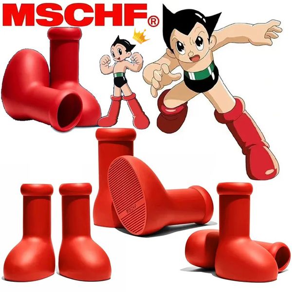 MSCHF Regenstiefel für Herren und Damen, Astro Boy, Designer, großer roter Stiefel, hochwertig, blau, schwarz, dicker Boden, rutschfeste Stiefeletten, Gummi-Plattform-Bootie, modische Größe 35–44