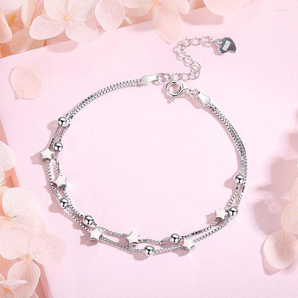 Braccialetti di collegamento 925 argento doppio fascino stelle perline rotonde braccialetto regolabile a strati catena di perline gioielli regali per le donne A8A4