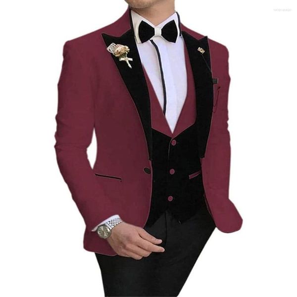 Ternos masculinos borgonha masculinos slim fit um botão 3 peças casamento noivos smoking (jaqueta colete calça) vestido de baile de formatura