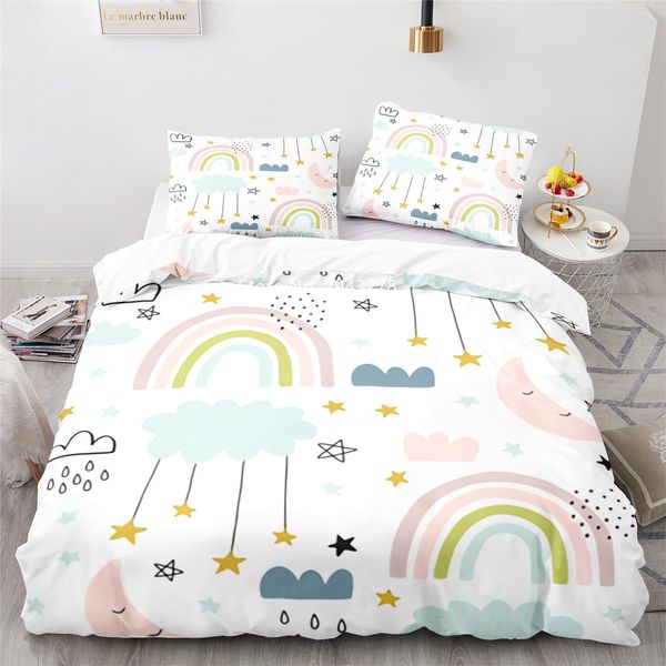 Set di biancheria da letto Tessuto per la casa Serie arcobaleno Modello Lovely Blue Pink Copripiumino Copripiumino Federa Decorazione camera da letto per bambini adulti 230801