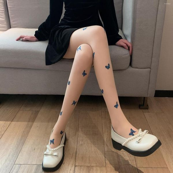 Kadınlar SOCKS Mavi Kelebek Pantyhose Seksi İpek Çorap Taytlar Lolita İçi Dövüşlü Çorap Çoraplar Dipli Dantel Taytlar Uzun