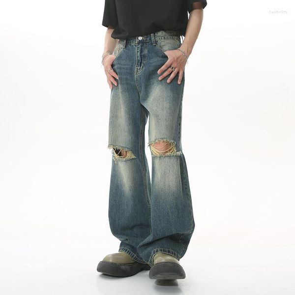 Männer Jeans Korea Stil Casual Gerade Denim Hosen Trendy Sommer Breite Bein Männliche Persönlichkeit Knie Loch Hosen W0