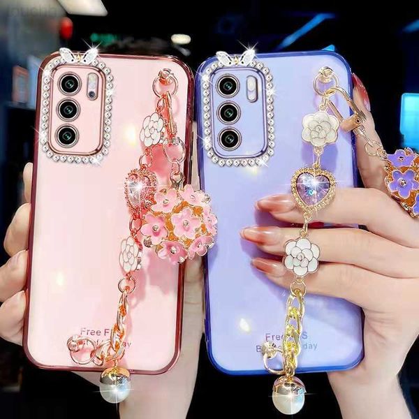 Casos de telefone celular para Samsung Galaxy A20 A30 A31 A51 A71 A32 A52 A72 F62 M62 A22 A21S 4G 5G Luxo Bonito Flor Coração Pérola Diamante Chain Case L230731