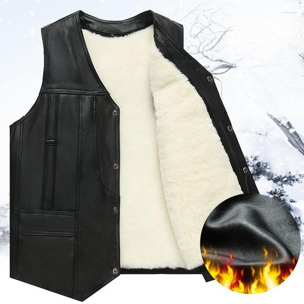 Gilet da uomo 2023 Uomo Autunno Inverno Gilet in vera pelle di pecora con scollo a V Giacche senza maniche in lana Maschile Gilet in pile caldo spesso D389