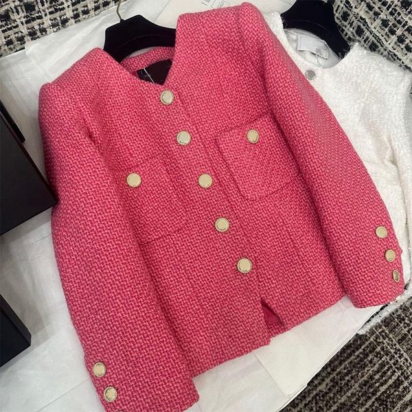 Damenjacken 2023 Frühfrühling Solide Kleiner Duftender Kurzmantel V-Ausschnitt Rosa Tweed Temperament Top