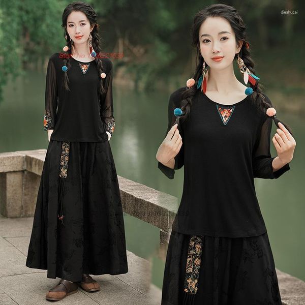 Roupas étnicas 2023 camisa tradicional chinesa com decote em O nacional flor bordado malha hanfu tops oriental tang base de terno