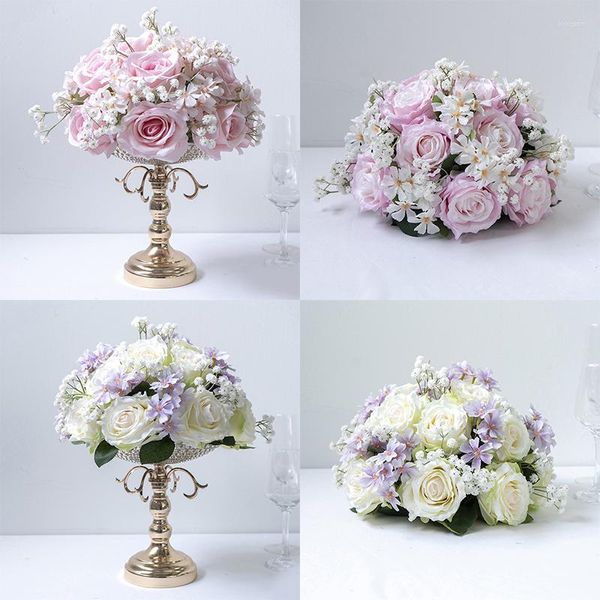 Dekorative Blumen, luxuriöse Rose, Schleierkraut, Blumenball, Hochzeit, Tischdekoration, floraler goldener Ständer, weiß, rosa, lila, Event-Party-Requisiten