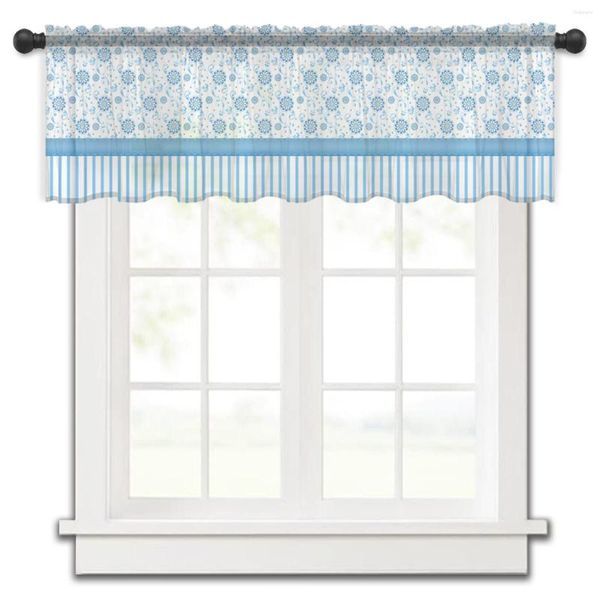 Vorhang mit floralen Streifen, geometrisch, blau, für Küche, kleines Fenster, Tüll, durchsichtig, kurz, Schlafzimmer, Wohnzimmer, Heimdekoration, Voile-Vorhänge