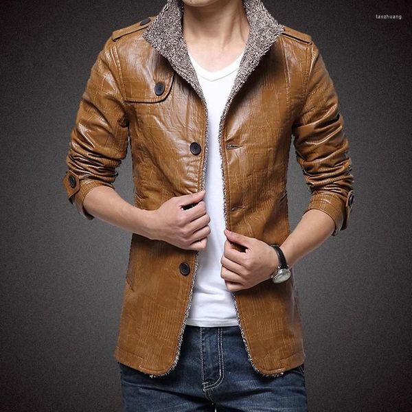 Мужские траншеи Coats 2023 Winter Classic Fashion Leather Jacket с флисовым и густым теплым досугом Стрим высокое качество