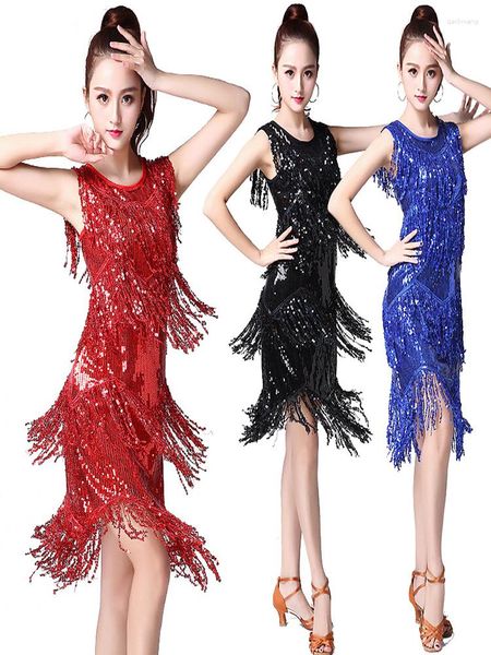 Traje de Dança Traje de Dança Feminino Vestido Latino Moda Decote Redondo Sem Mangas Irregular Lantejoula Borla Mulher Elegante Vestidos de Baile