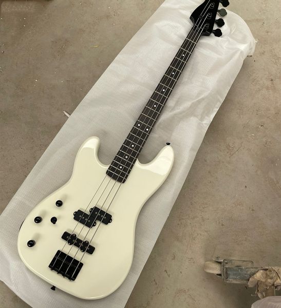 Sol elli 4 iplik yaşlı beyaz gövde elektrik bas gitar siyah donanımlı, özelleştirilebilir