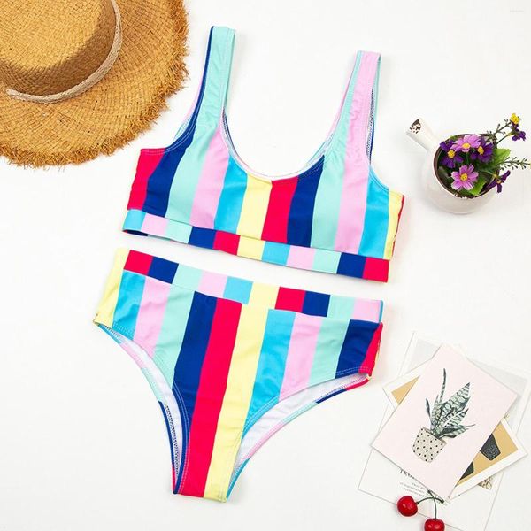 Conjunto de moda praia multicolorido feminino brasileiro biquíni maiô moda praia push-up listrado maiô tankinis micro