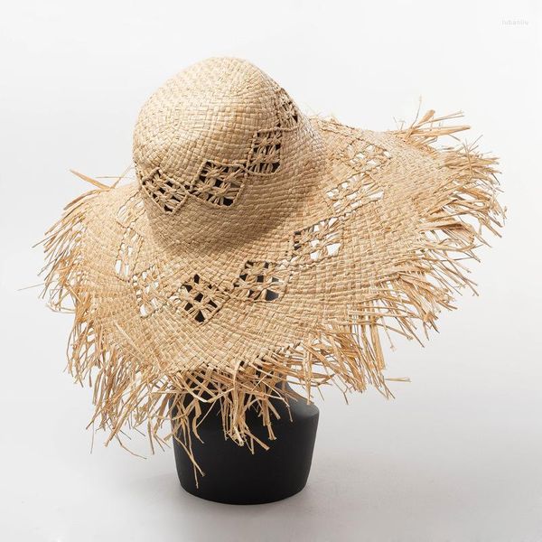 Шляпа Шляпа с широкими краями 2023 Summer Hollow Out Natural Raffia Sun Shat для женщин мод