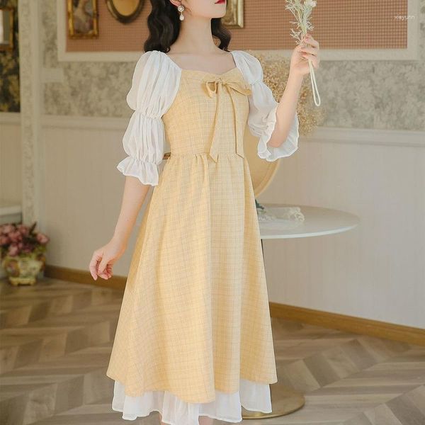 Robes décontractées 2023 Vintage Kawaii fête Midi femmes français conte de fées Plaid jaune manches bouffantes doux mignon princesse robe été