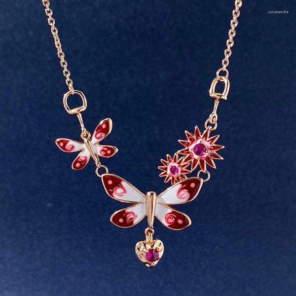 Colares com pingente de alta qualidade cor de ouro rosa com flor de rubi e fecho de cavalo borboleta nacklace moda feminina jóias LN081
