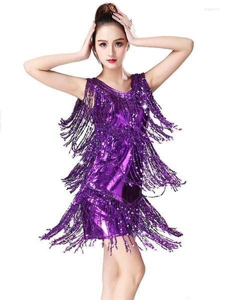 Abbigliamento da palcoscenico Donna Abbigliamento da ballo latino per adulti Paillettes Nappa Rumba Abito da ballo Spettacolo per feste Concorso Ginnastica Costume da body