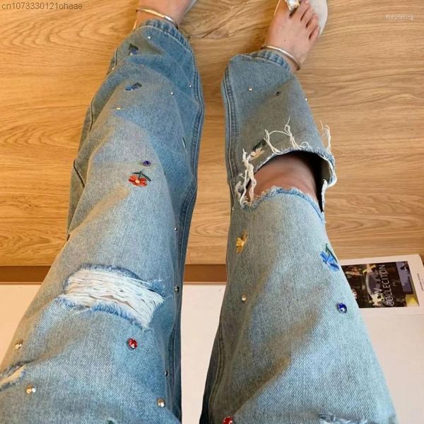 Jeans da donna Y2k Hip Hop Street Spicy Girl Vita alta Ricamo floreale coreano Foro rotto Pantaloni da donna Moda Cowboy femminile