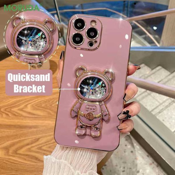 Capas de telefone celular Quicksand Astronaut Bracket Phone Case para iPhone 14 Pro 11 12 13 Pro Max Mini 7 8 Plus SE XR Xs Max Glitter Bear 3D Stand Cover L230731