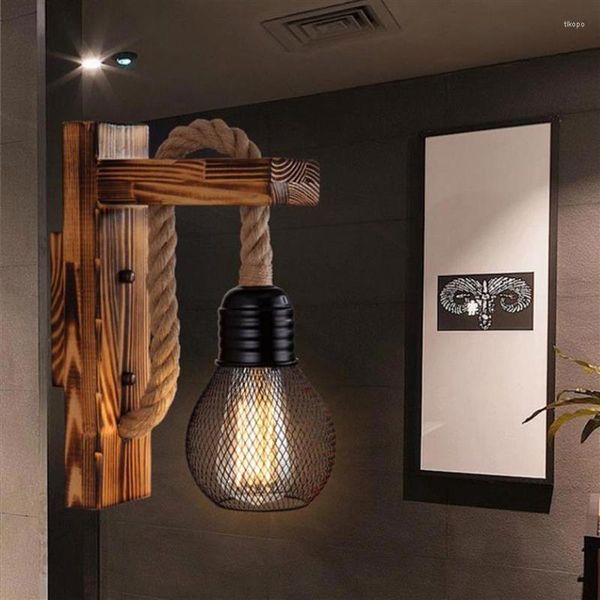 Luminária de parede de madeira industrial LED corda com abajur Vintage E27 para sala de estar quarto restaurante