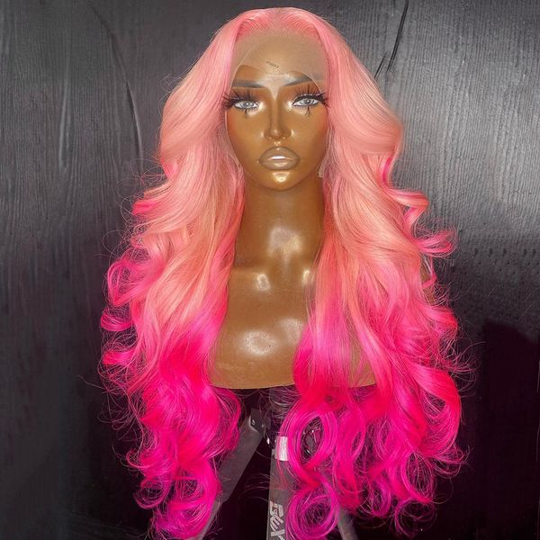 Cabelo Brasileiro Rosa Body Wave HD Lace Front Wig Ombre Color Frontal Wig Pré Arrancado Transparente Lace Sintético Peruca Para Mulheres