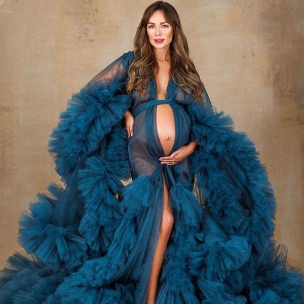 Abiti per occasioni speciali di maternità taglie forti blu navy per servizio fotografico Abito da sposa in tulle arruffato per donne Baby Shower Abiti da gravidanza