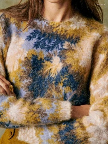 Maglioni da donna Primavera Donna Maglione lavorato a maglia Lana Mohair Miscelato floreale Manica lunga Vintage Girocollo Pullover da donna